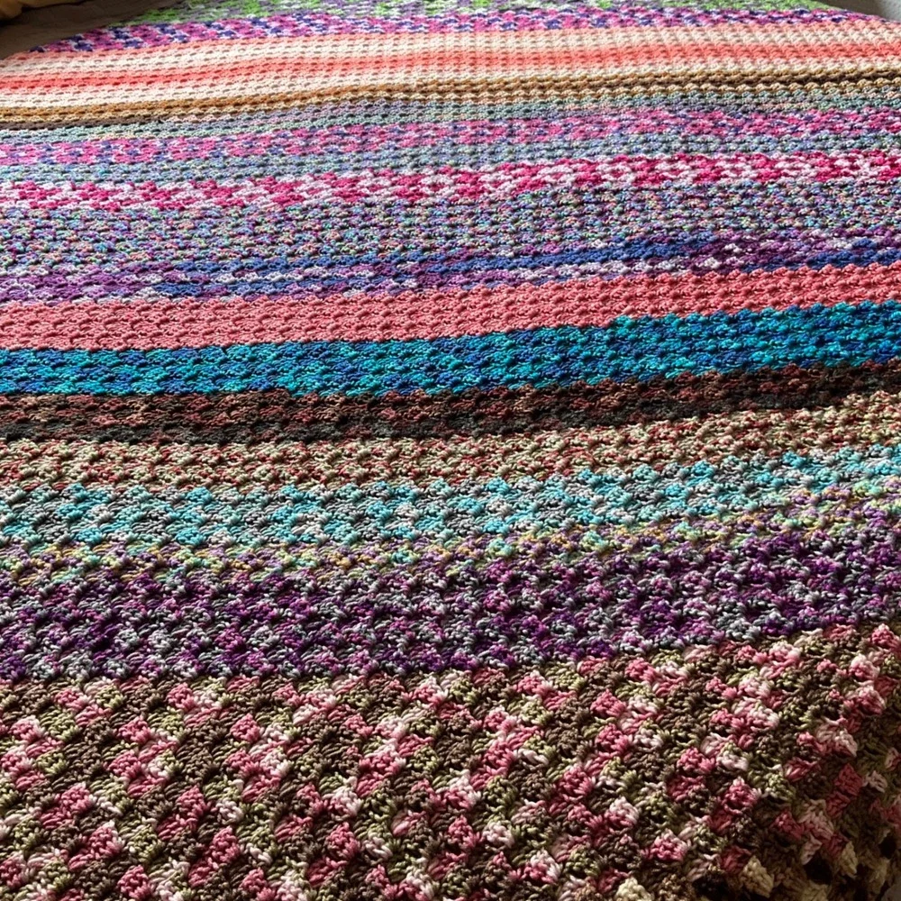 Handmade‎ Crochet Striped Blanket Multi Color Boho Cozy Cottagecore Grannycore